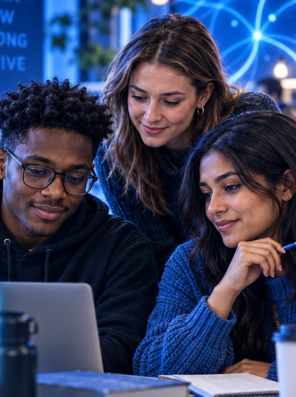 Three students studying together at a table